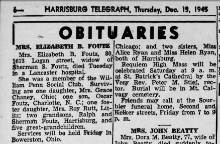 Foutz Lizzie death Harrisburg Telegraph Dec 1945